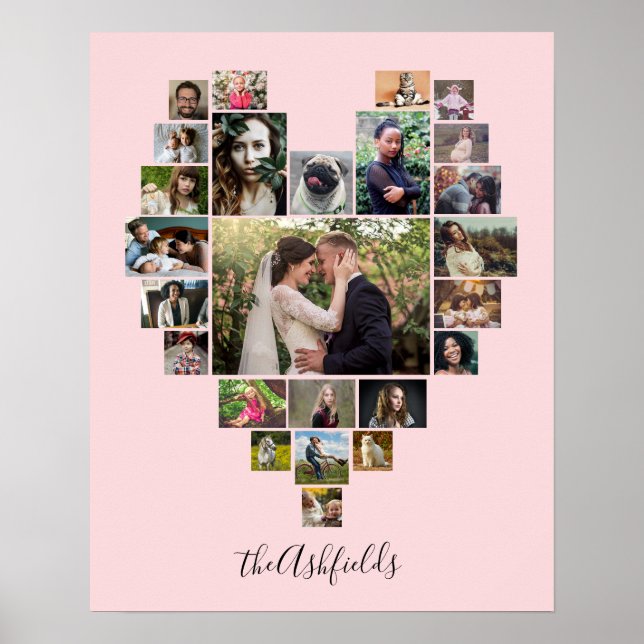 Family Photo Collage Heart 25 Bilder Namn Rosa Poster (Framsidan)