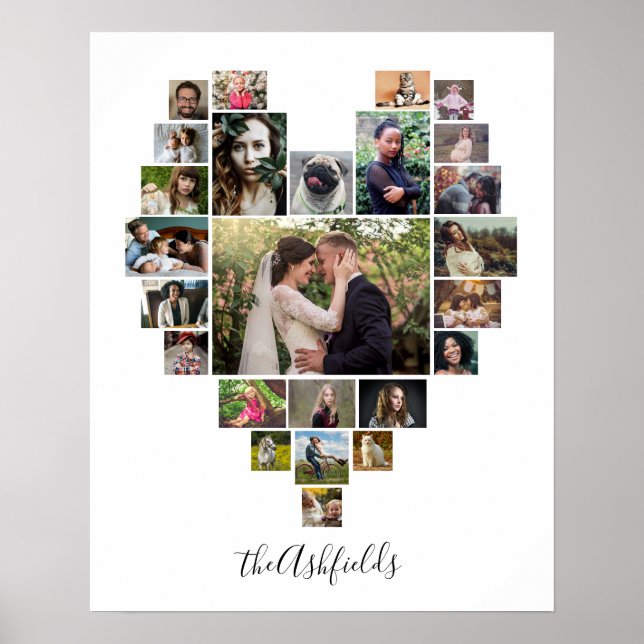 Family Photo Collage Heart 25 Bilder Namn White Poster (Framsidan)