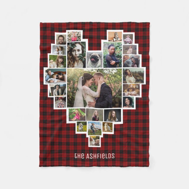 Family Photo Collage Heart 25 Bilder Red Plaid Fleecefilt (Framsidan)