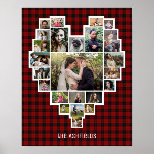 Family Photo Collage Heart 25 Bilder Red Plaid Poster