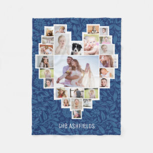 Family Photo Collage Heart Blommigt Blue 25 Pic Na Fleecefilt