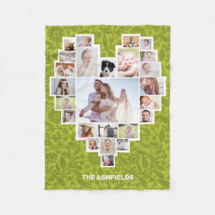 Family Photo Collage Heart Blommigt Grönt 25 Pic Fleecefilt