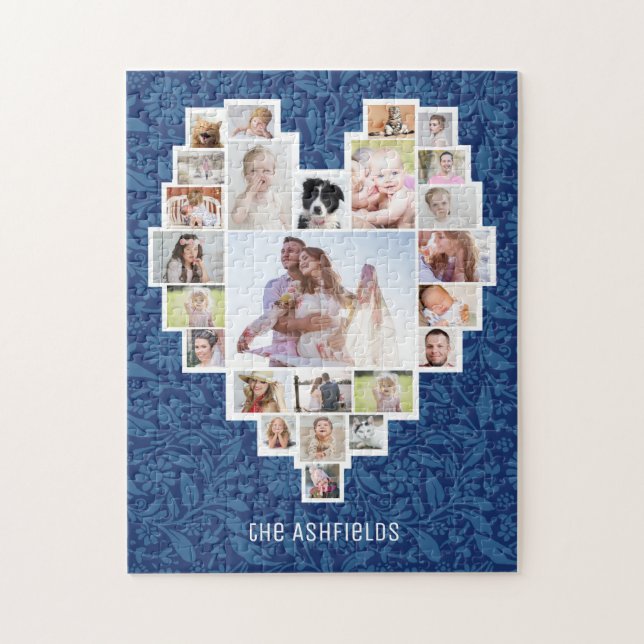 Family Photo Collage Heart Blue Blommigt 25 Pic Na Pussel (Vertikal)