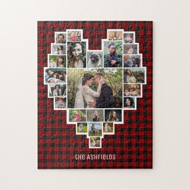 Family Photo Collage Heart Red Play 25 Pic Namn Pussel (Vertikal)