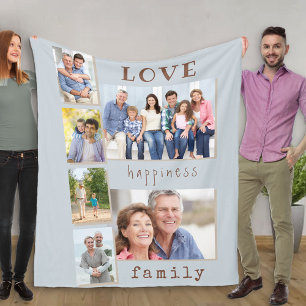 Family Photo Collage Kärlek och Happity Quote Blu Fleecefilt