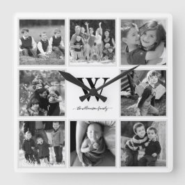 Family Photo Collage Monogram Black and White Fyrkantig Klocka