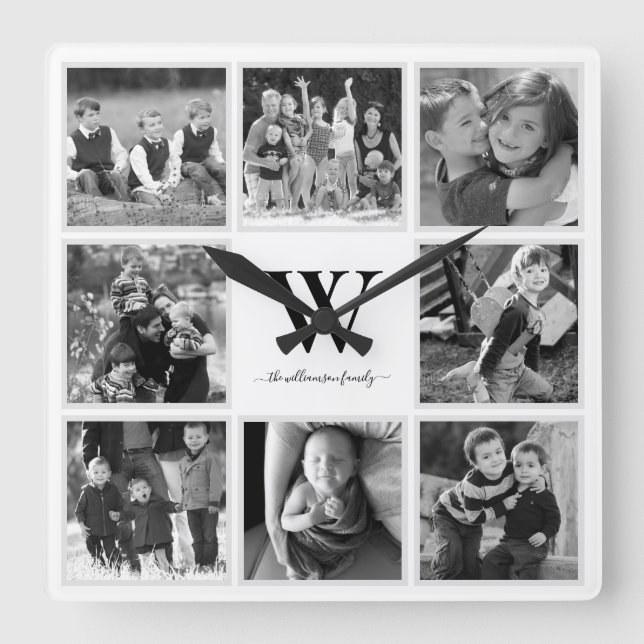 Family Photo Collage Monogram Black and White Fyrkantig Klocka (Framsida)