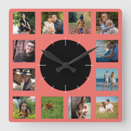 Family Photo Collage Monogram Fyrkantig Klocka