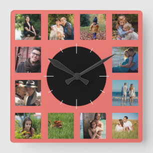 Family Photo Collage Monogram Fyrkantig Klocka