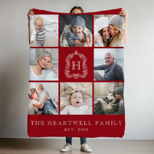 Family Photo Collage Monogram Vapensköld Cranberry Fleecefilt