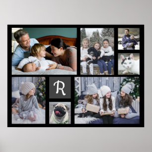 Family Photo Collage Monogrammed 7 Bilder Black Poster