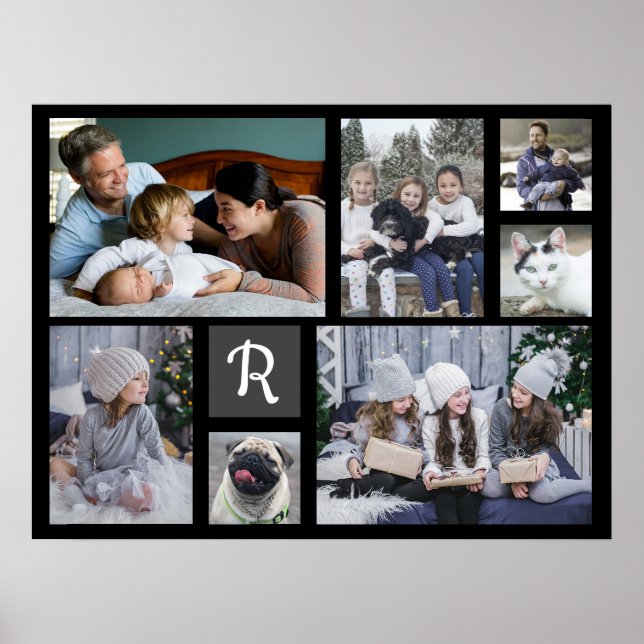 Family Photo Collage Monogrammed 7 Bilder Black Poster (Framsidan)
