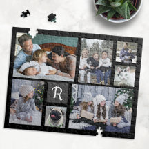 Family Photo Collage Monogrammed 7 Bilder Black