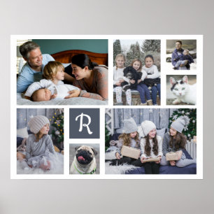 Family Photo Collage Monogrammed 7 Bilder White Poster