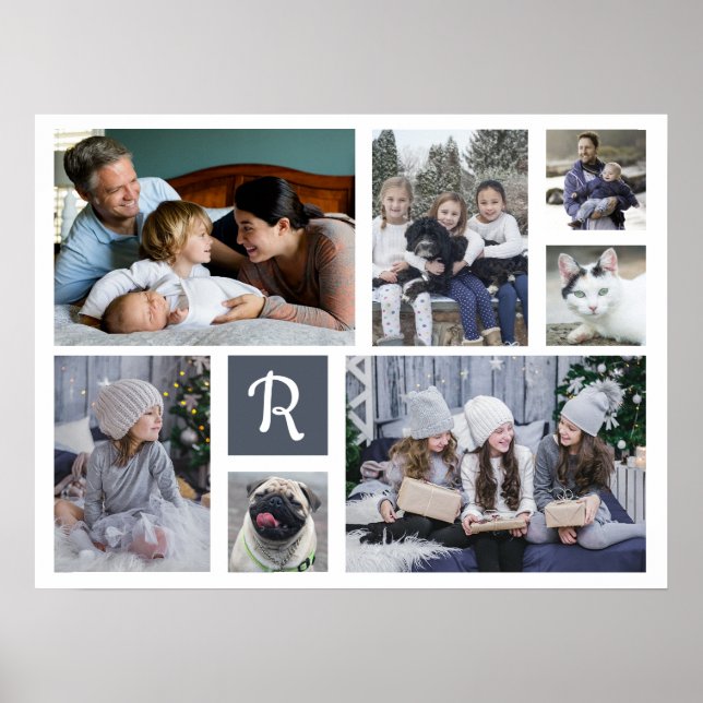 Family Photo Collage Monogrammed 7 Bilder White Poster (Framsidan)