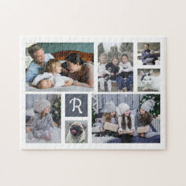 Family Photo Collage Monogrammed 7 Bilder White Pussel