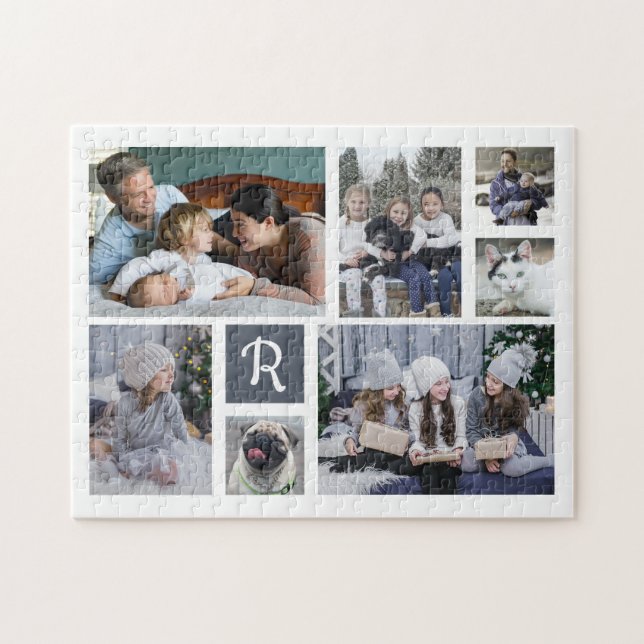 Family Photo Collage Monogrammed 7 Bilder White Pussel (Horisontell)
