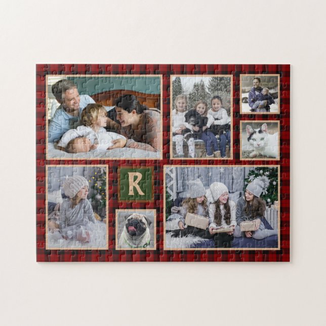Family Photo Collage Monogrammed Red Buffalo Pache Pussel (Horisontell)