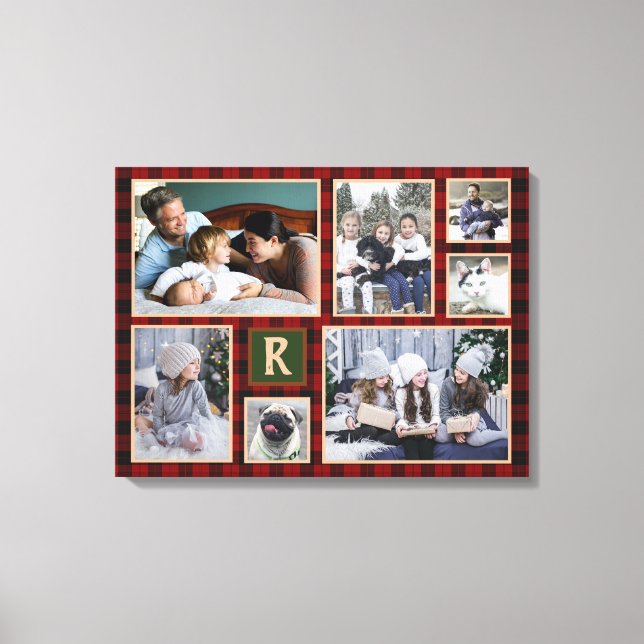 Family Photo Collage Monogrammed Red Buffalo Play Canvastryck (Framsida)