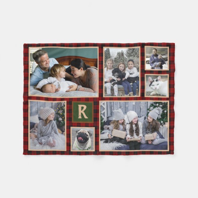 Family Photo Collage Monogrammed Red Buffalo Play Fleecefilt (Framsidan (Horisontell))