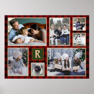 Family Photo Collage Monogrammed Red Buffalo Play Poster