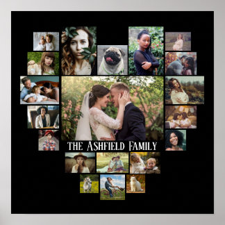 Family Photo Collage Namn in Heart 20 Bilder Black Poster