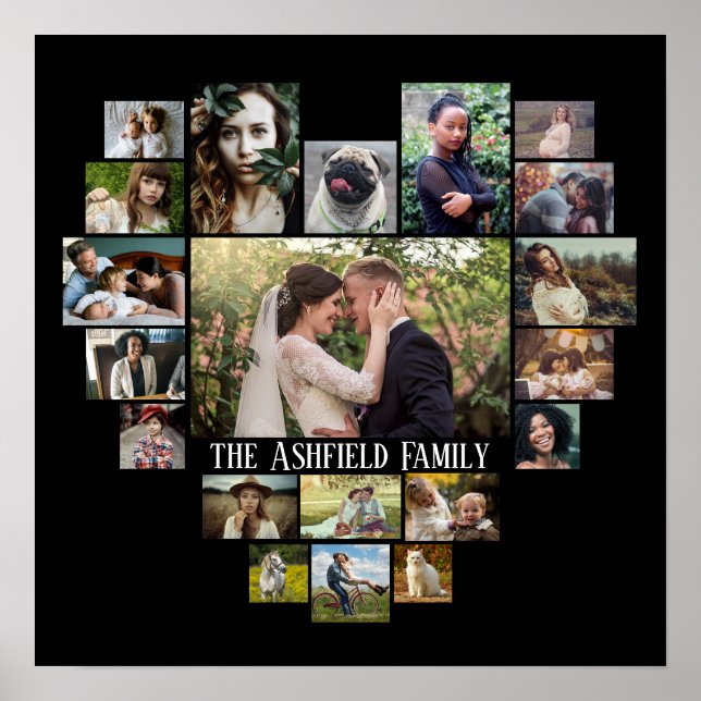 Family Photo Collage Namn in Heart 20 Bilder Black Poster (Framsidan)