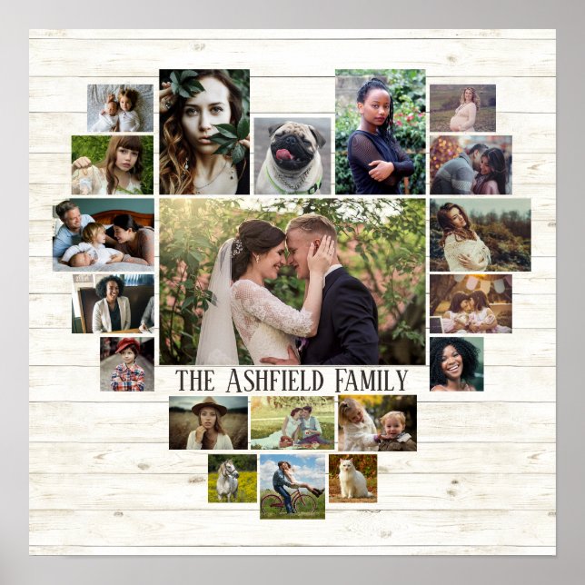 Family Photo Collage Namn in Heart 20 Bilder lt Wo Poster (Framsidan)
