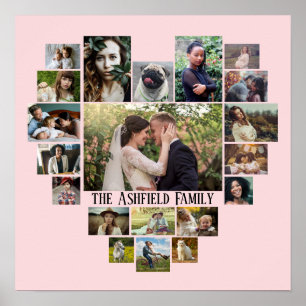 Family Photo Collage Namn in Heart 20 Bilder Rosa Poster