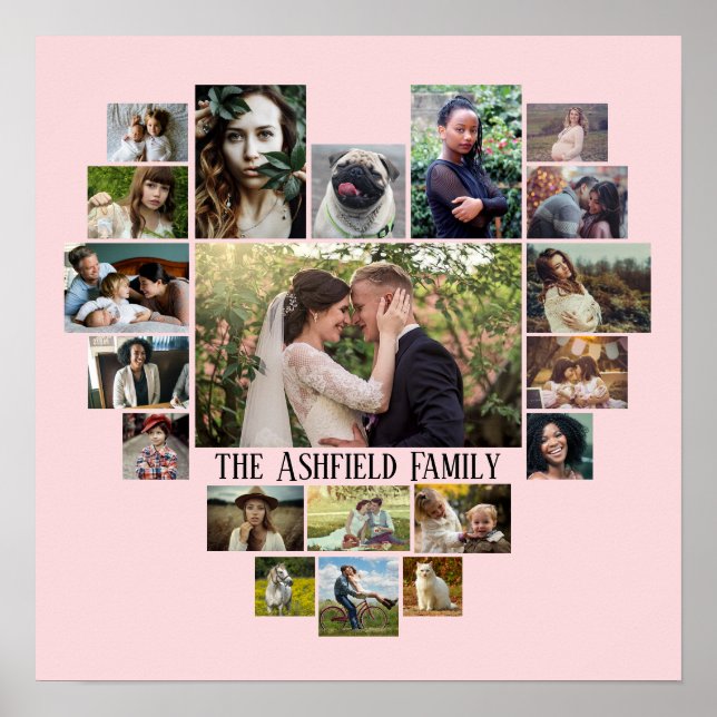 Family Photo Collage Namn in Heart 20 Bilder Rosa Poster (Framsidan)