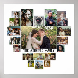 Family Photo Collage Namn in Heart 20 Bilder White Poster