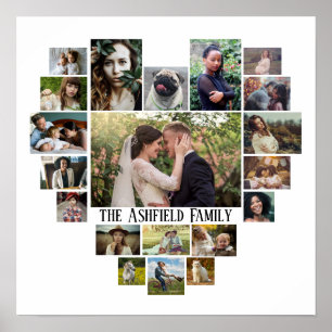 Family Photo Collage Namn in Heart 20 Bilder White Poster