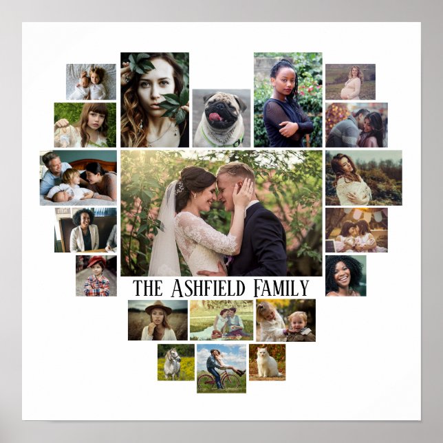 Family Photo Collage Namn in Heart 20 Bilder White Poster (Framsidan)