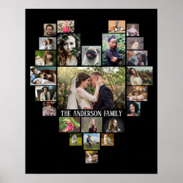 Family Photo Collage Namn in Heart 25 Bilder Black Poster