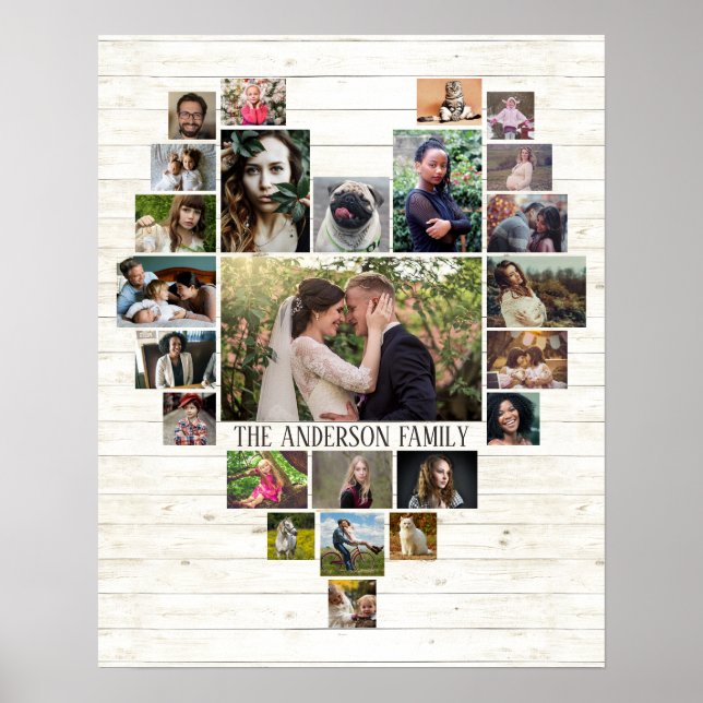 Family Photo Collage Namn in Heart 25 Bilder lt Wo Poster (Framsidan)