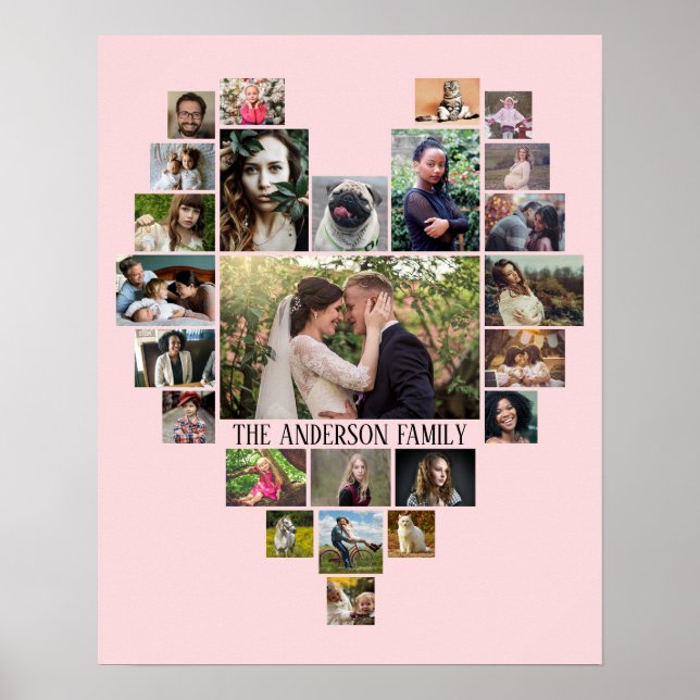 Family Photo Collage Namn in Heart 25 Bilder Rosa Poster (Framsidan)