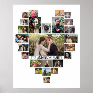 Family Photo Collage Namn in Heart 25 Bilder White Poster