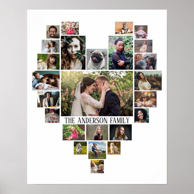 Family Photo Collage Namn in Heart 25 Bilder White Poster (Framsidan)