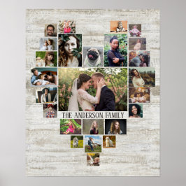 Family Photo Collage Namn in Heart 25 Bilder Wood Poster