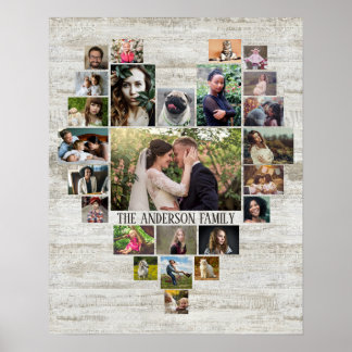 Family Photo Collage Namn in Heart 25 Bilder Wood Poster