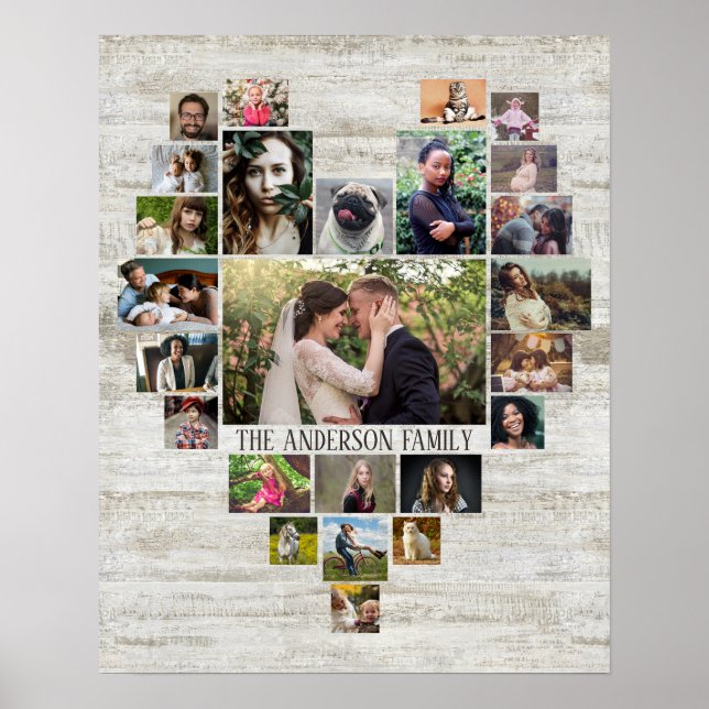 Family Photo Collage Namn in Heart 25 Bilder Wood Poster (Framsidan)
