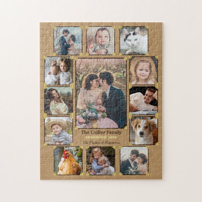 Family Photo Collage Rustic Burlap 13 Anpassningsb Pussel (Vertikal)