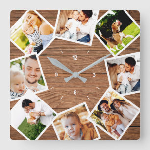 Family Photo Collage Rustic Chic Farmhouse Fyrkantig Klocka