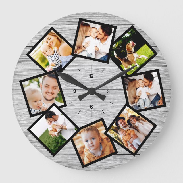 Family Photo Collage Rustic Chic Farmhouse Grått Stor Klocka (Framsida)
