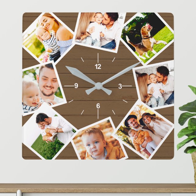 Family Photo Collage Rustic Farmhouse Brown Fyrkantig Klocka (Skapare uppladdad)