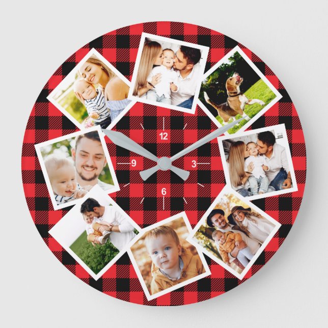 Family Photo Collage Rustic Farmhouse Buffalo Stor Klocka (Framsida)