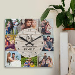 Family Photo Collage Rustic Farmhouse Monogram Fyrkantig Klocka<br><div class="desc">Celebrate your favorite memories with this Family Photo Collage Rustic Farmhouse Monogram Square Wall Clock. This rustic farmhouse design features a pale white vintage wood grain background inspired by farmhouse cottage wood planks, creating a warm and cozy look for your home. Personalize your family name, monogram initial, and established date...</div>