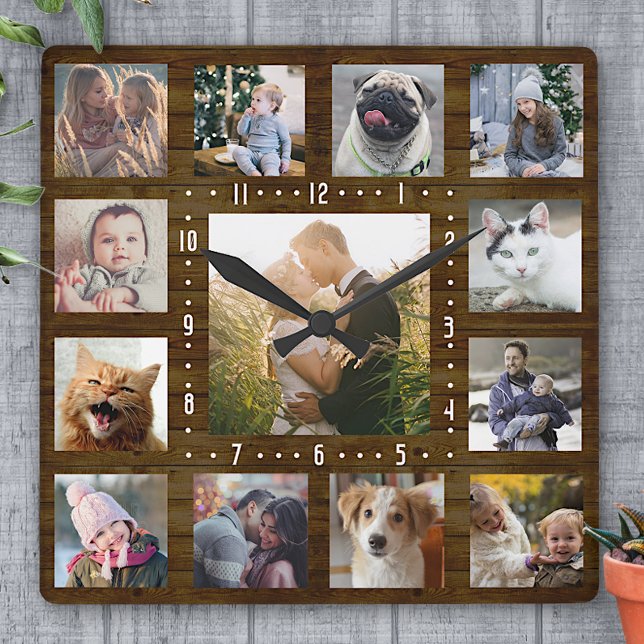 Family Photo Collage Rustic Farmhouse Wood 13 Bild Fyrkantig Klocka (Skapare uppladdad)
