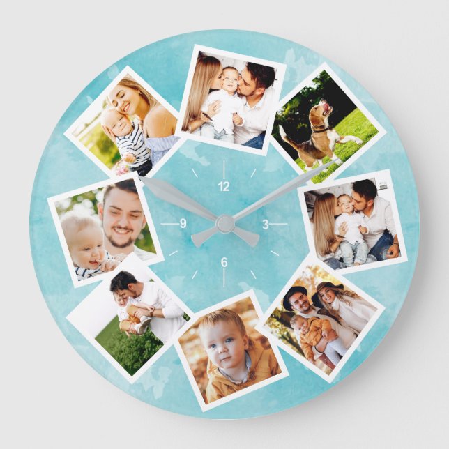 Family Photo Collage Rustic Light Blue Stor Klocka (Framsida)