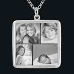Family Photo Collage Silverpläterat Halsband<br><div class="desc">Fin personlig halsband med 4 av anpassningsbarnas foton ordnade i ett fyrkantigt rutnätsfoto. Lägg till dina favoritfoton i familjen och skapa en vacker karosseriteckning. Klicka på Anpassa om du vill flytta foton runt, lägga till text och anpassa typsnitt och färg. Underbar gåva till familj, vänner, föräldrar och mor- och farföräldrar!...</div>